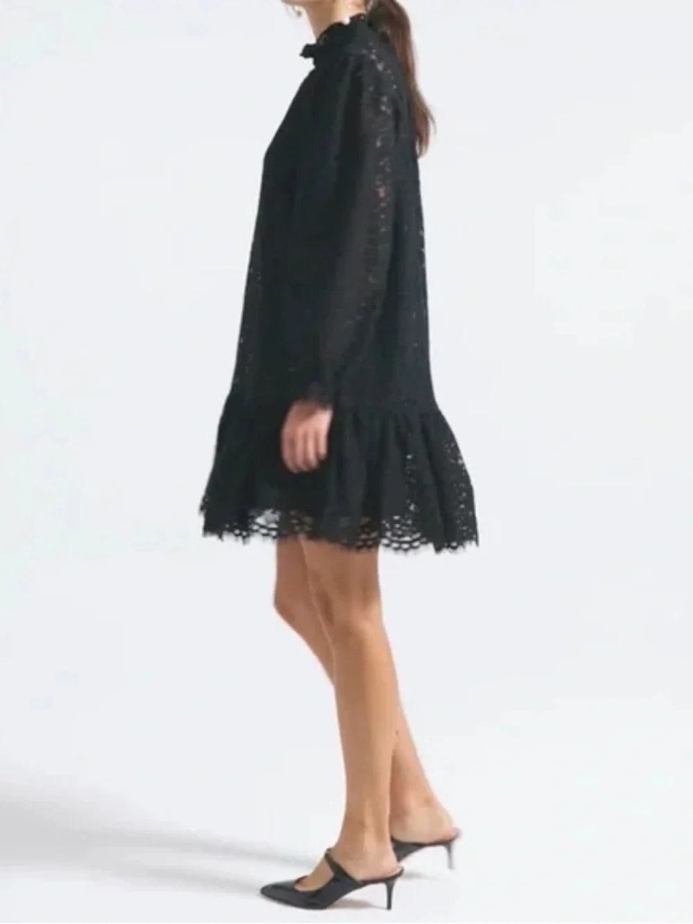 NWT J. CREW COLLECTION $198 BLACK RUFFLE NECK LACE DRESS SZ XS EXTRA SMALL